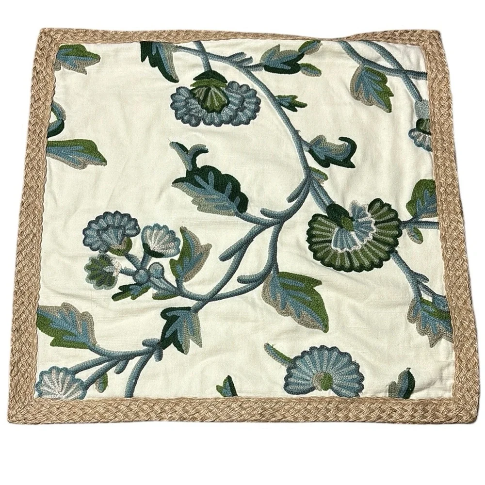 Pottery Barn Cream Pillow Cover with Blue and Green Floral Embroidery